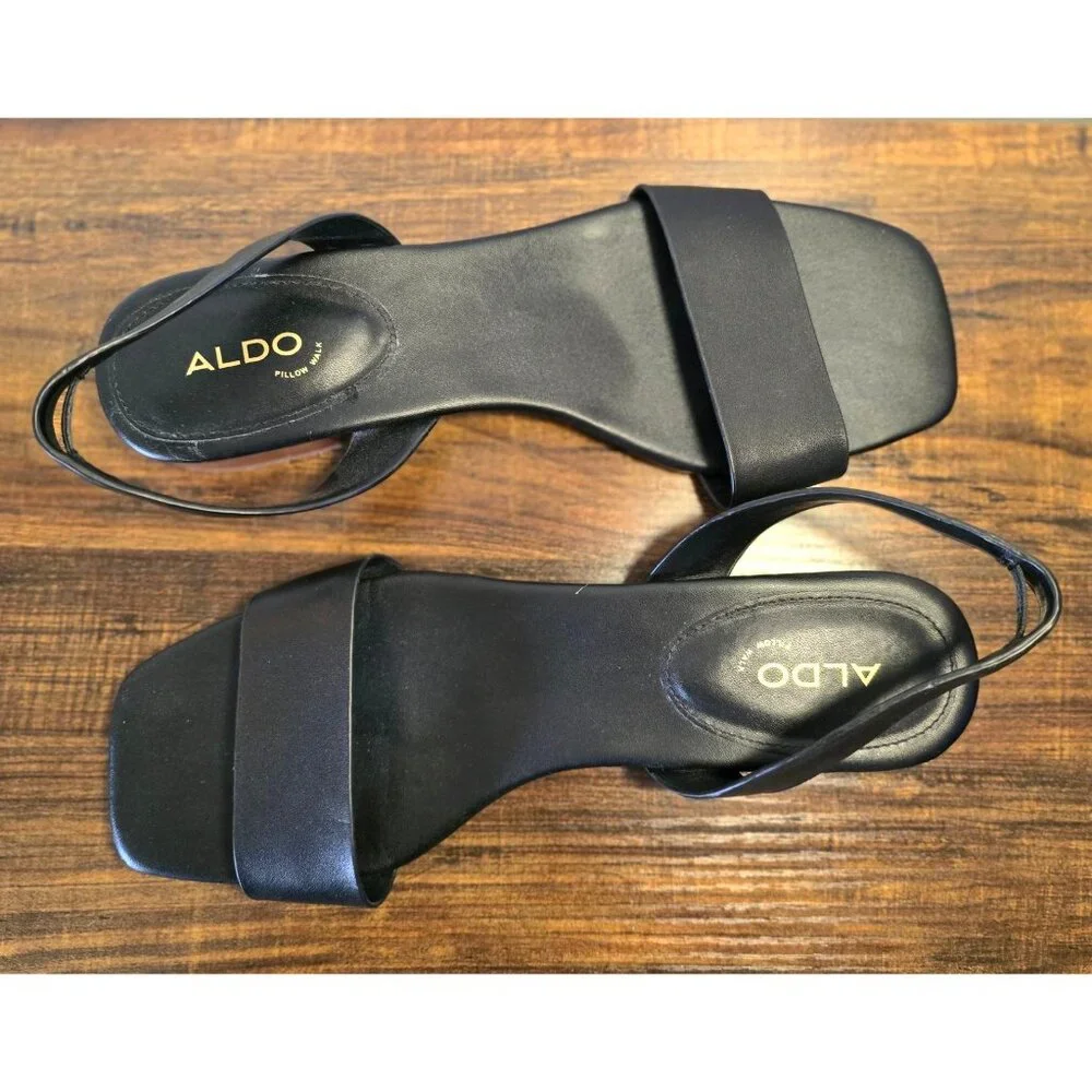 Aldo Dorenna Black Leather Square Toe Sandals With Low Block Heel Size 8.5-9 - Picture 2 of 12